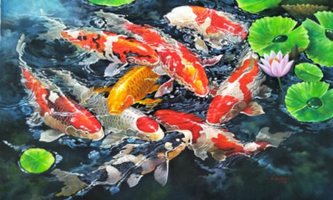 绘画 标题为“Harmony of Koi #2” 由Namnjani, 原创艺术品, 油