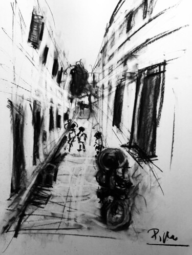 Drawing titled "Jeux d'enfants dans…" by Regine Blot, Original Artwork, Charcoal Mounted on Wood Panel