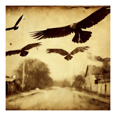 Digital Arts titled "BIRDS OVER THE CITY" by Josep Domènech, Original Artwork, AI generated image Mounted on Cardboard