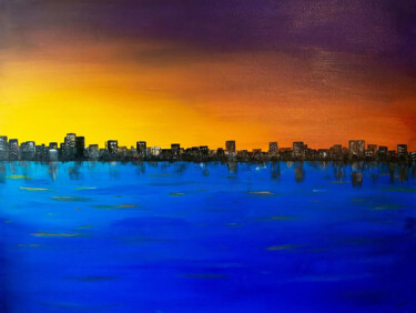 Peinture intitulée "Couchant sur la vil…" par Isabelle Cros, Œuvre d'art originale, Acrylique Monté sur Châssis en bois