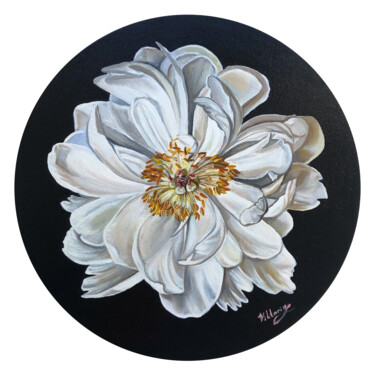 White peony Painting titled "White peony" by Viktoryia Lautsevich, Original Artwork, Oil Mounted on Other rigid panel