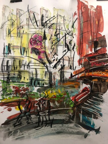 Painting titled "Rue avec un marché…" by Regine Blot, Original Artwork, Acrylic Mounted on Wood Panel