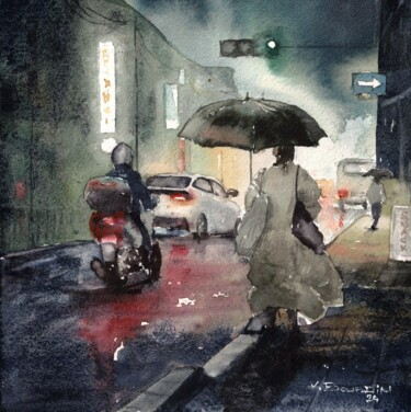 Peinture intitulée "le bus n'attend pas" par Vincent Bourdin, Œuvre d'art originale, Aquarelle Monté sur Carton