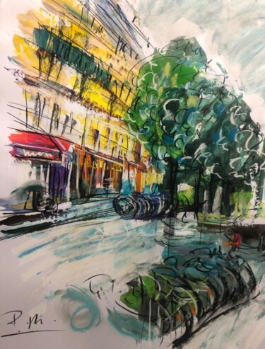 Rue avec des arbres et des velos Painting titled "Rue avec des arbres…" by Regine Blot, Original Artwork, Acrylic Mounted on Wood Panel