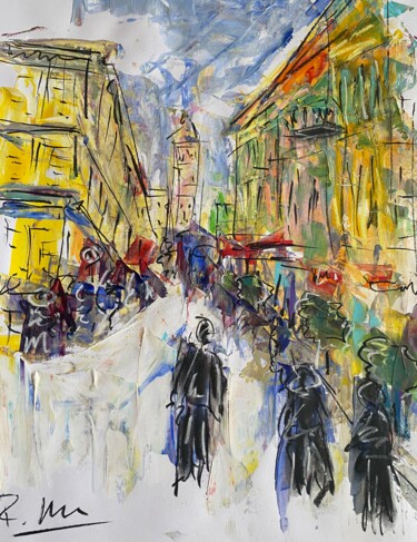 Painting titled "Vue sur une église…" by Regine Blot, Original Artwork, Acrylic Mounted on Wood Panel