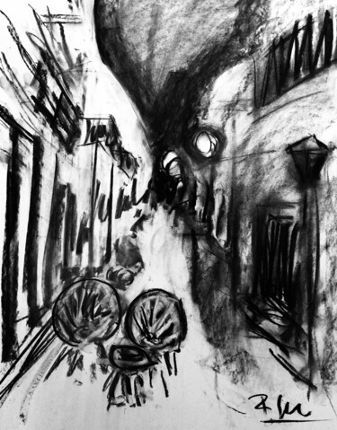 Drawing titled "Ruelle dans la nuit" by Regine Blot, Original Artwork, Charcoal Mounted on Wood Panel