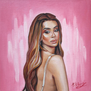Woman portrait on a pink background 绘画 标题为“Woman portrait on a…” 由Viktoryia Lautsevich, 原创艺术品, 油