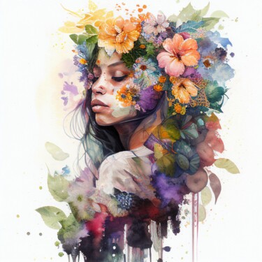 Watercolor Tropical Woman #6 Arts numériques intitulée "Watercolor Tropical…" par Chromatic Fusion Studio, Œuvre d'art originale, Aquarelle