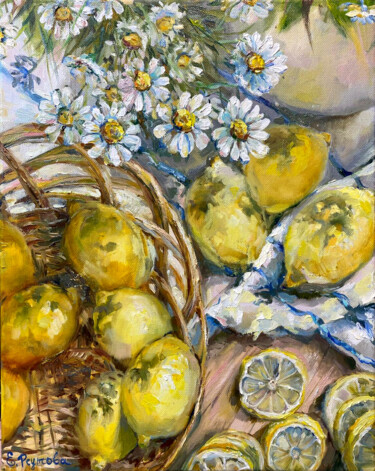 Still life with lemons and chamomile. Sunny day. Картина под названием "Still life with lem…" - Elena Reutova, Подлинное произведение искусства, Масло Установлен на Деревянн…