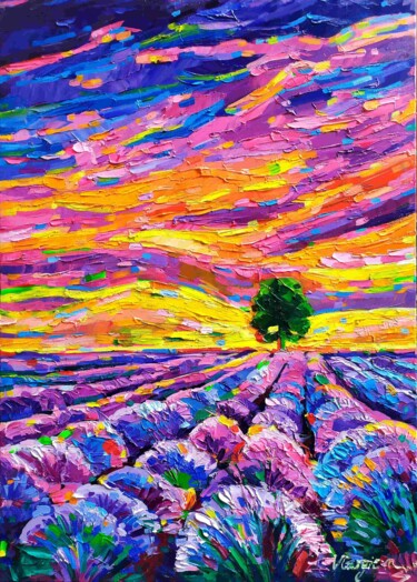 Lavender under the sunset light Painting titled "Lavender under the…" by Vanya Georgieva, Original Artwork, Oil Mounted on Wood Stretcher frame