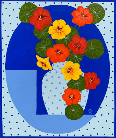 绘画 标题为“Nasturtiums” 由Hiranya R, 原创艺术品, 丙烯 安装在木质担架架上