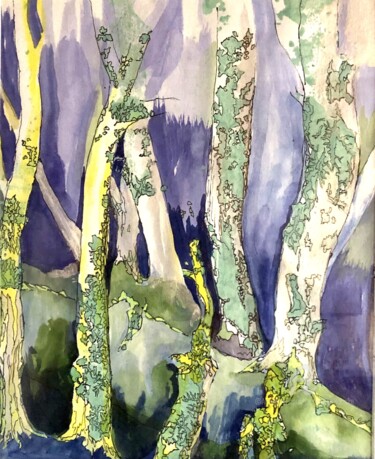Painting titled "Sous-bois bleu" by Jacqueline Klocke, Original Artwork, Acrylic