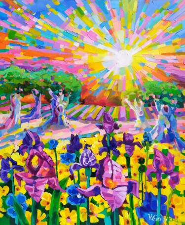 Painting titled "Campi primaverili" by Vanya Georgieva, Original Artwork, Oil Mounted on Wood Stretcher frame