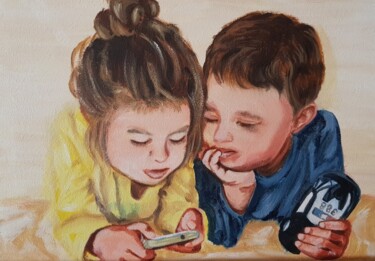 Painting Child with mobile phon Peinture intitulée "Painting Child with…" par Irina Oleynik, Œuvre d'art originale, Huile