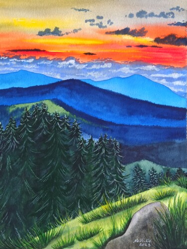 Carpathians. Gorgans Painting titled "Carpathians. Gorgans" by Natalia Buhaienko, Original Artwork, Watercolor
