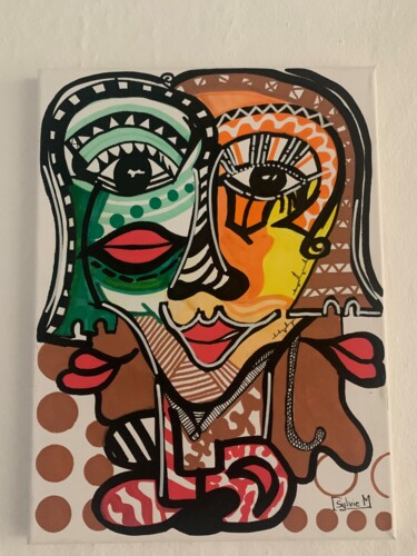 Tableau moderne, inspiration cubisme .Visage cubique Painting titled "Tableau moderne, in…" by Sylvie Mercadier Cougoule, Original Artwork, Acrylic