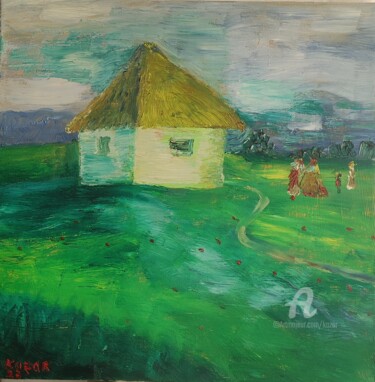 Painting titled "Украинское село" by Kozar, Original Artwork, Oil Mounted on Wood Stretcher frame