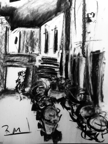 Drawing titled "Ruelle avec des pot…" by Regine Blot, Original Artwork, Charcoal Mounted on Wood Panel