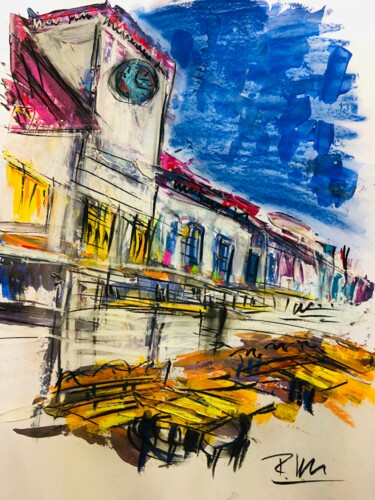 「Eglise dans un vill…」というタイトルの絵画 Regine Blotによって, オリジナルのアートワーク, アクリル ウッドパネルにマウント