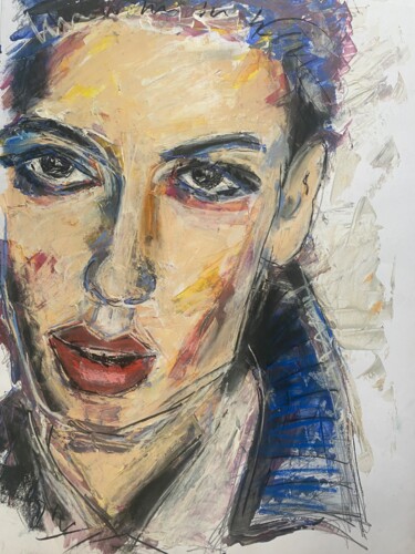 Painting titled "Visage en zoom" by Regine Blot, Original Artwork, Acrylic Mounted on Wood Panel