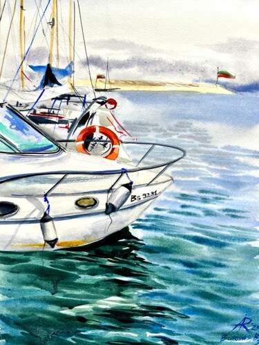 White Yacht in the Yachtport, Burgas, Bulgaria Painting titled "White Yacht in the…" by Ira Popovych, Original Artwork, Watercolor