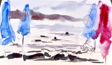 White Sea and Umbrellas, Diddi Beach, Burgas, Bulgaria 🇧🇬 Peinture intitulée "White Sea and Umbre…" par Ira Popovych, Œuvre d'art originale, Aquarelle