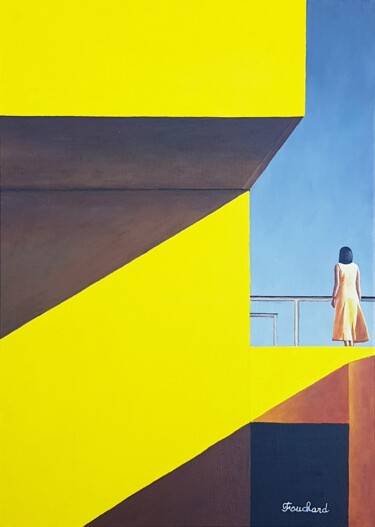 Painting titled "La Dame en Jaune" by Patrice Fouchard, Original Artwork, Acrylic Mounted on Wood Stretcher frame