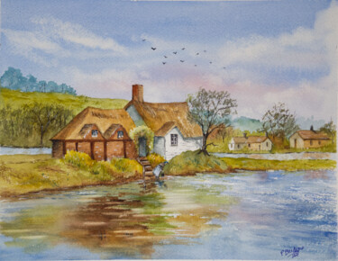 English Cottage on the River in Watercolor 11x14 Painting titled "English Cottage on…" by Paula Bridges, Original Artwork, Watercolor Mounted on Other rigid panel