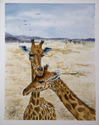 Giraffe and her Baby on the Savanah in Africa 11x14 Peinture intitulée "Giraffe and her Bab…" par Paula Bridges, Œuvre d'art originale, Aquarelle Monté sur Autre panneau rigide