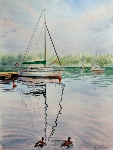 Painting titled "Peace. Yacht at sun…" by Oleksandra Padushyna, Original Artwork, Watercolor