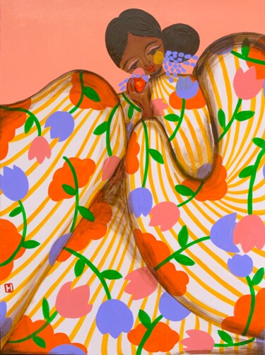 Painting titled "Woman with Orange" by Hiranya R, Original Artwork, Acrylic Mounted on Wood Stretcher frame