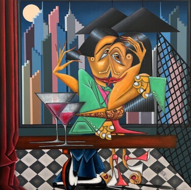 Painting titled "W barze na Manhatta…" by Robert Jadczak (R.ROB  Jadczak), Original Artwork, Oil