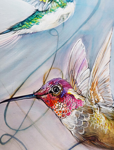 colibri birds Peinture intitulée "colibri birds" par Merve Gürlek, Œuvre d'art originale, Aquarelle