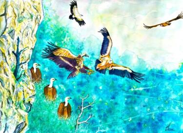 Vautours des Baronnies Peinture intitulée "Vautours des Baronn…" par Jean Marc Collombat, Œuvre d'art originale, Aquarelle
