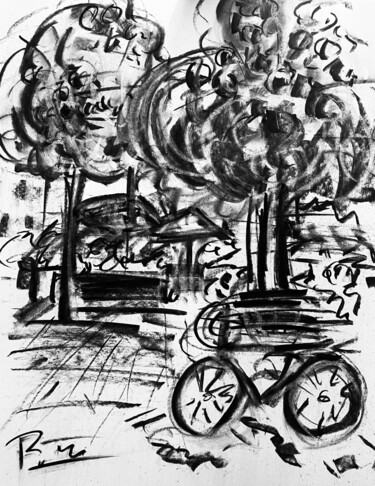 Drawing titled "Place avec des vélo…" by Regine Blot, Original Artwork, Charcoal Mounted on Wood Panel