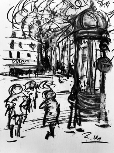 Drawing titled "Colonne Morris à cô…" by Regine Blot, Original Artwork, Charcoal Mounted on Wood Panel