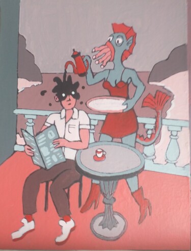 Pittura intitolato "Dégustation de café" da Serge Voulouzan, Opera d'arte originale, Acrilico Montato su Cartone