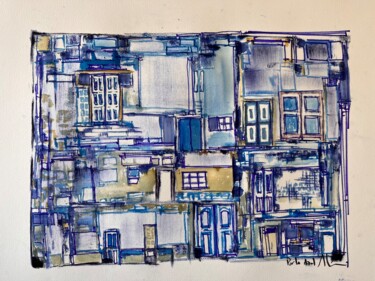 Dessin intitulée "Porta azul 3" par Hartiste, Œuvre d'art originale, Encre