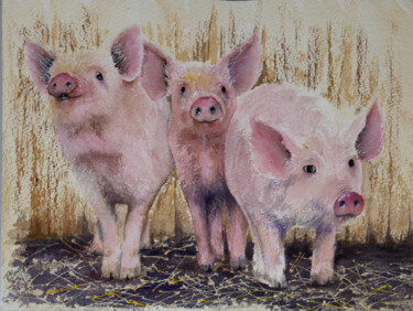 Malerei mit dem Titel "Three Little Pigs i…" von Paula Bridges, Original-Kunstwerk, Aquarell Auf Andere starre Platte montie…