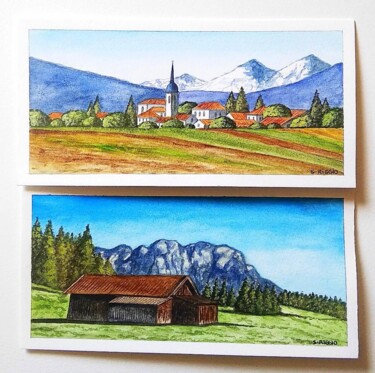 Cartes d'art de paysages de campagne et montagnard Peinture intitulée "Cartes d'art de pay…" par Sabrina Riggio, Œuvre d'art originale, Aquarelle