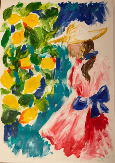 Painting titled "Jeune femme aux cit…" by Sophie Debrade, Original Artwork, Acrylic