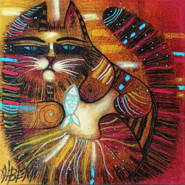 Peinture intitulée "Happy cat 20x20" par Albena Vatcheva, Œuvre d'art originale, Huile Monté sur Châssis en bois