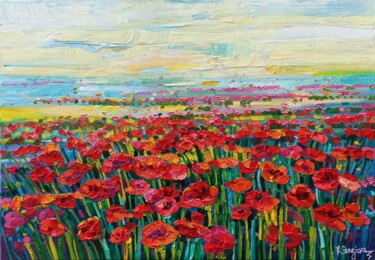 Poppies field in the fog 제목이 "Poppies field in th…"인 미술작품 Vanya Georgieva로, 원작, 기름 나무 들것 프레임에 장착됨
