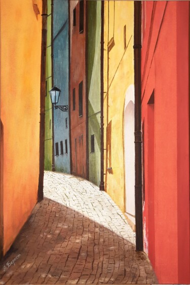 Painting titled "Sunny street" by Olena Berest, Original Artwork, Oil Mounted on Wood Stretcher frame