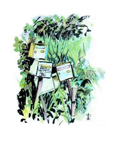 Gerbe de boites aux lettres - Basse-Terre Guadeloupe Painting titled "Gerbe de boites aux…" by Serge Le Poulennec, Original Artwork, Ink