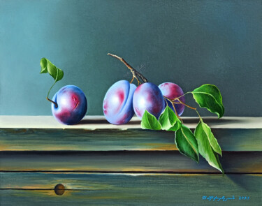 绘画 标题为“Still life - plums” 由Sergey Miqayelya, 原创艺术品, 油 安装在木质担架架上