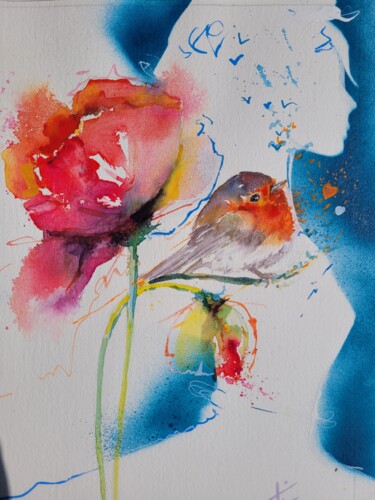 Painting titled "L'oiseau du bonheur" by Elisabeth Constantin, Original Artwork, Watercolor