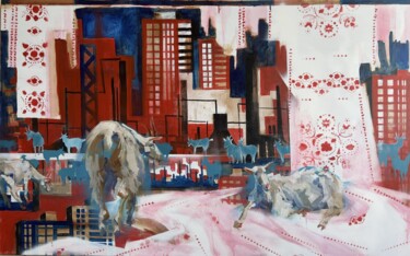 Untitled (with goats) Painting titled "Untitled (with goat…" by Andrii Davydenko, Original Artwork, Oil Mounted on Wood Stretcher frame