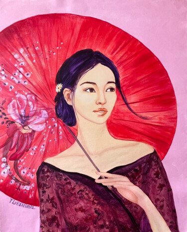 Картина под названием "Girl with a red umb…" - Tetiana Lukianchenko, Подлинное произведение искусства, Акрил