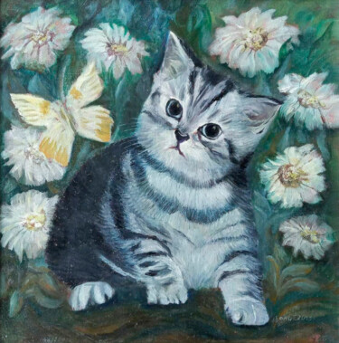 The kitten is striped. Series of paintings: About animals 绘画 标题为“The kitten is strip…” 由Tanya Dolya, 原创艺术品, 油 安装在木质担架架上